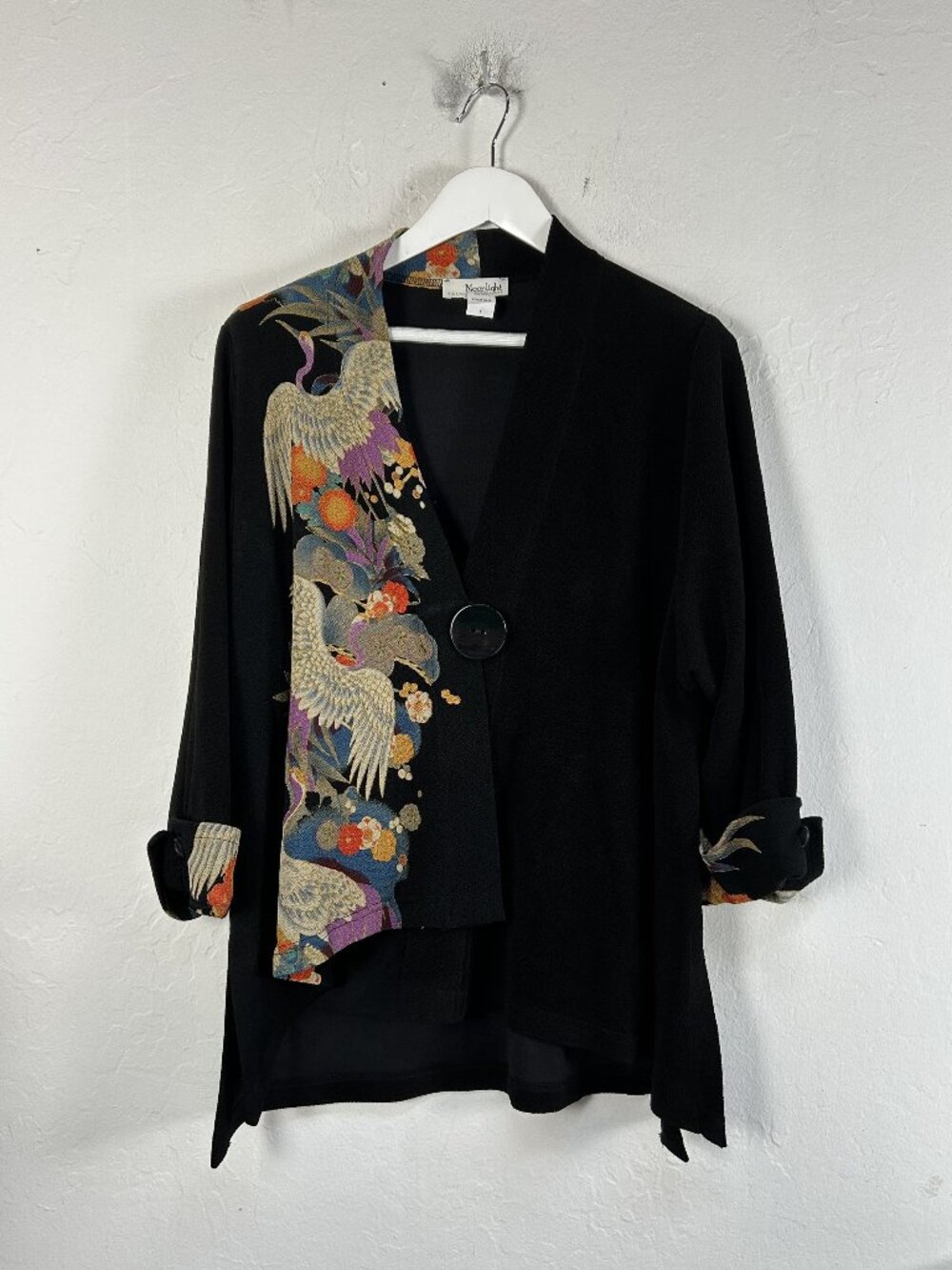 Moonlight Womens Black Asian Crane Asymmetric Art to Wear Cardigan Jacket Small